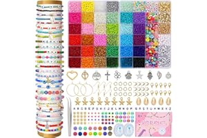 Tomylv 16000+pcs 36 Couleurs Perles de Rocaille, Perles pour Bracelet, Perles pour Bijoux, Bijoux Enfants Fille, Livré avec 313 Perles Alphabet Smiley et Autres Accessoires, Fabrication Bijoux Filles