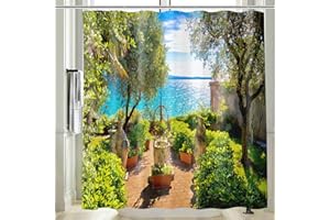Vgzsyomqib Italy Garden Scene Shower Curtain Wet Room Anti Mould Proof Resistant Fabric Extra Wide 240 x 200 cm 3D Green Italian Outdoor Blue Ocean View Bathroom Curtains Set with Hooks