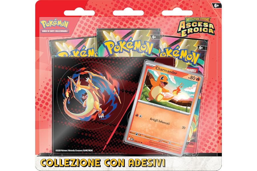 Pokémon: Collection with Stickers (Charmander) of the Scarlet and Violet Expansion - Heroic Rise of the GCC Pokémon (One Holographic Promotional Card and Three Expansion Envelopes), Italian Edition