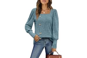 Aokosor Womens Long Sleeve Tops Ladies Lightweight Jumpers Square Neck Front Button Tunic