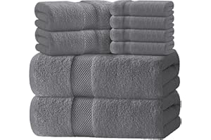 White Classic Luxury Bath Towel Set of 8 Pieces - 100% Turkish Cotton 700 GSM Highly Absorbent Towels for Bathroom, 2 Bath Towels, 2 Hand Towels, 4 Washcloths - Dark Grey