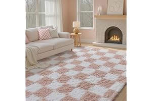 HUGEAR Alfombra Salon 160x230cm Pelo Largo a Cuadros Grande Rosa Blanco Suave Alfombras Antideslizante Modernas Habitacion Juvenil Pie de Cama Exterior Dormitorio Comedor Salón Cocina