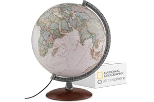 Q atmosphere® National Geographic Verve Executive Antik-Globus - 30 cm Globus mit politisch-physischer Kartografie in deutscher Sprache, beleuchtet und mit drehabren Holzfuß und Metallmeridian