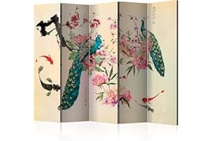murando Decorative Room Divider Orient Japan 225x172 cm / 89"x68" Single-Sided Folding Screen Room Partition Non-Woven Canvas Print Opaque Display Zen Peacock p-C-0002-z-c