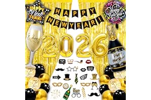 ECHEHI Deco Nouvel An 2026, 58 Pcs Decoration Jour de L'An 2026, Ballons 2026 Géants (32 Pouces), Happy New Year Bannière, Rideaux de Frange, Ballons, Nappe de Fête, Diadèmes, Lunettes, Chapeau de Fête