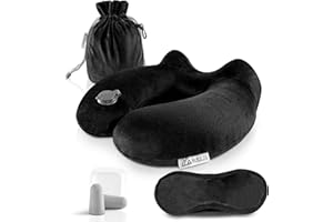 MNT10 Podróżna poduszka dmuchana z maską do snu, zatyczkami do uszu i torbą transportową I Poduszka na szyję nadmuchiwana z miękkim aksamitnym pokrowcem I Poduszka na szyję do podróży