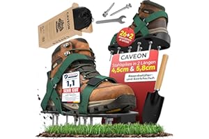 Caveon® Premium Nagelschuhe – Rasenbelüfter & Estrichschuhe mit Klettverschluss für sichtbar dichteren grünen Rasen – Aerifizierer ohne Geräte – Stahlspikes, 2 Nagellängen, inkl. Schaufel & Beutel