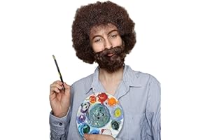 ALLAURA 80's Painter Boss Ross Wig & Beard | 100% Realistic Curly Brown Afro Costume Wig for Men, Women ñ ñ Fits All, Non-itch- Compatible with Painter Ross Wig