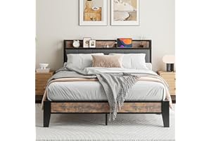 IRONCK Double Bed Frame with Storage Shelf Upholstered Headboard, Platform Bed Frame with Charging Station, Metal Bed Frame/UnderBed Storage, Enhanced Support Noise Free, Vintage Brown+Grey
