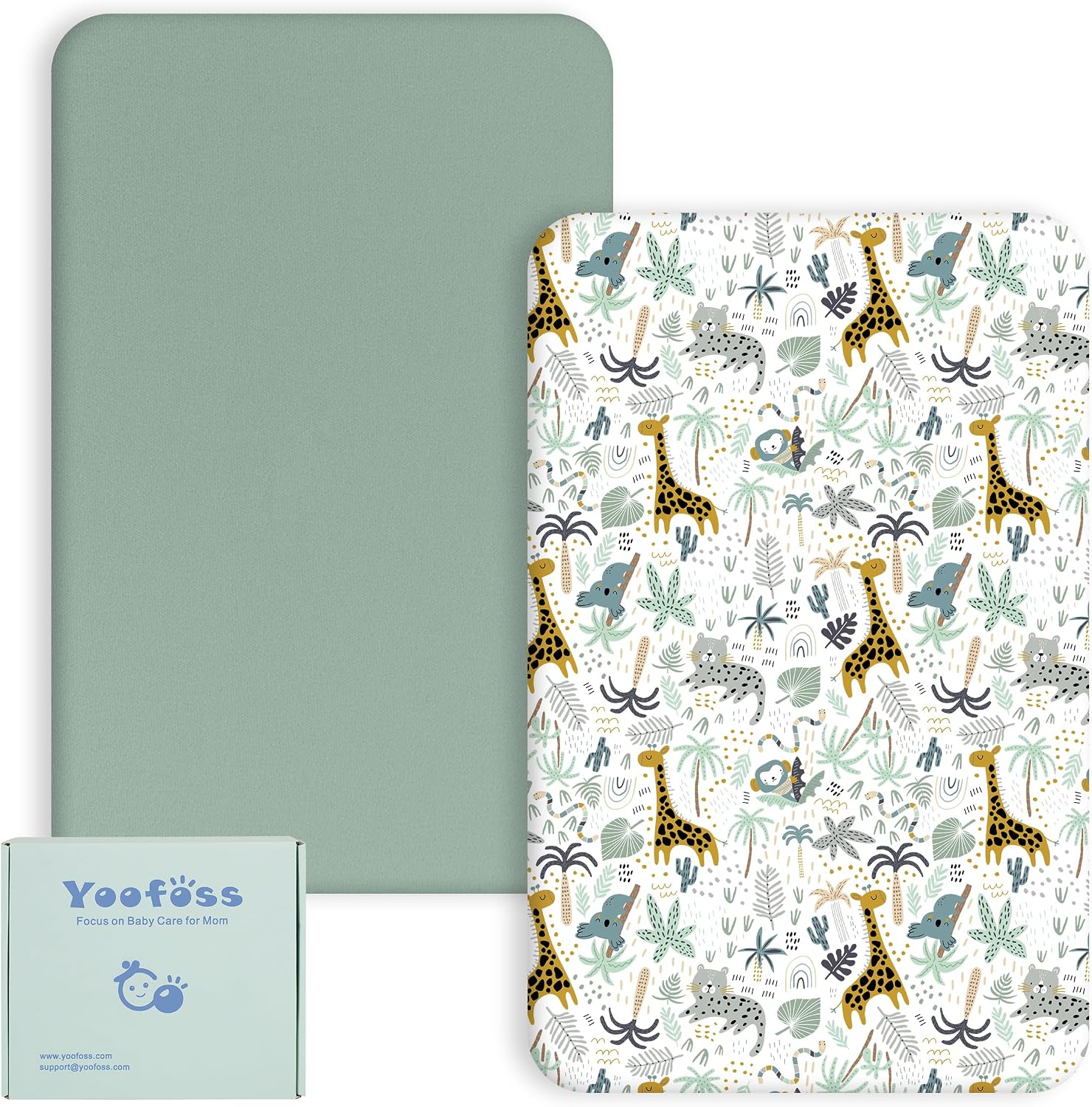 Yoofoss Cozy & Breathable Travel Cot Mattress Sheets - 95 x 65cm Fitted Sheet 2 Pack Green Giraffes