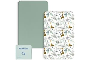 Yoofoss Cozy & Breathable Travel Cot Mattress Sheets - 95 x 65cm Fitted Sheet 2 Pack Green Giraffes