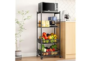 Kitstorack Estanterias Almacenaje, Carrito Auxiliar 4 Niveles con Ruedas, Estanteria Altura Ajustable Cocina con Ruedas y Patas Antideslizantes para Garaje, Cocina, Sala de Libros, Esquina, Negro
