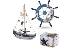 ‎FLANACOM Flanacom Maritime Badezimmer Deko 3er Set - Steuer-Rad, Segel-Schiff und Schatz-Truhe aus Holz - liebevoll gestaltete Badaccessoires mit Details (Design 2-4)