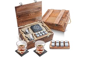 BABAN Whisky Stein Set, Wiederverwendbare Eiswürfel, 8 Eissteine und 2 * 200ml Whiskygläser, Edelstahlclips und Leinentasche, Geschenk Box aus Holz, Männer und Frauen