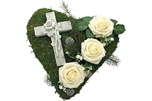 ‎RADAMI Radami Grabgesteck Grabschmuck Grabaufleger Moosherz Grabherz Trauerherz Grab Herz Gesteck Rosen mit Kreuz (Rosen Creme)