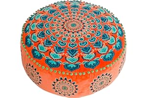 ‎MANDALA LIFE ART Orange Runder Pouf Ottomane Bezug mit Samtstickerei – weicher, bestickter Bodenkissen mit marokkanischem Design, 60cm Durchmesser, ideal für Wohnzimmer, Schlafzimmer oder Meditationsraum