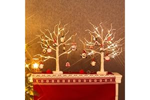 DELICHTER 2er Set Lichterbaum für Innen 24 Warmweiß LEDs Bäumchen Birken, 16er weihnachtswichtel Holz Deko Hänger Weihnachtsbaumschmuck Figuren, amerikanisches Kinder Tischdeko