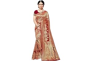 TreegoArt Fashion Damskie żakardowe jedwabne sari Kanjivaram z bluzką bez szwów, Czerwony, Rozmiar uniwersalny