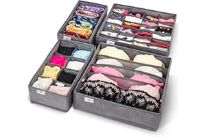 Craxter Underwear Drawer Organiser Divider – Set of Fabric Drawer Dividers for Clothes, Foldable Wardrobe Draw Organizer for Baby clothes, Socks, Bras, Scarf, Ties, Belts and Knickers (Set of 4 Grey)