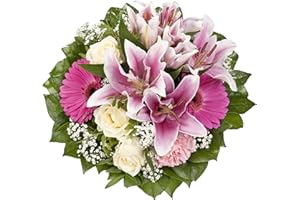Dominik Blumen und Pflanzen, Blumenstrauß "Laura" mit rosa Lilien, Rosen und Gerbera