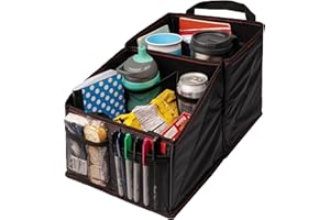 Lusso Gear Organiseur de siège de voiture à 9 compartiments avec porte-gobelets – Pour sièges avant, arrière, passager, camion et camionnette (noir avec coutures rouges)