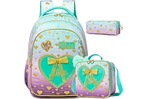 HTgroce Plecak dla dzieci do szkoły podstawowej, plecak szkolny dla dziewczynek do szkoły z torbą na przekąski i piórnikiem, Zielony Fioletowy