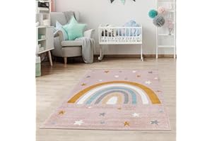 Jimri Alfombra Infantil Polka para habitación Infantil Alfombra de Lunares para bebé, habitación Juvenil, Arco Iris- Rosa, 120 x 170 cm