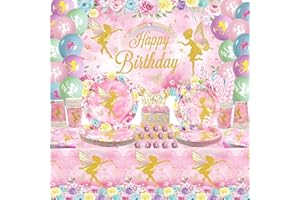 ENCETARDE Decorazione per feste di compleanno, forniture per feste di fata, piatti, tazze, tovaglioli, tovaglia, sfondo di buon compleanno, palloncini, topper per torte per fate, fiori, ragazze, farfalle,