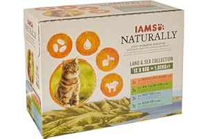 IAMS Naturally Nourriture Humide pour Chat Stérilisé ou non 12 sachets fraicheurs pour 4 Pâtées Terre/Mer en sauce - SANS SUCRE AJOUTE, OGM, protéines végétales, colorant, arôme artificiel - 12 x 85g