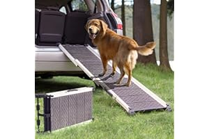 ‎PRIORPET Hunderampe Auto Klappbar - Stabile und rutschfeste Hundeleiter Auto & SUV bis zu 90kg Belastbar - Teleskop Alu Rampe für große Hunde - Reflektierende Seiten - Hundetreppe - Befestigungsclip - Grau