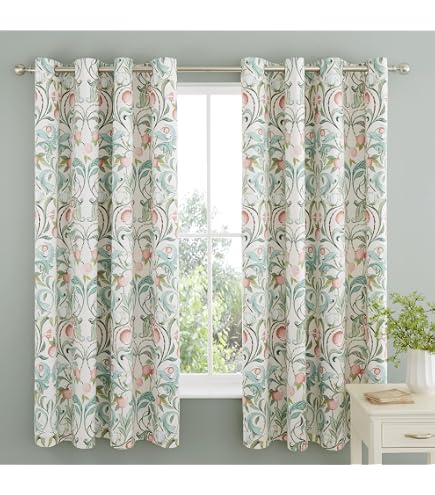 Catherine Lansfield Painted Floral Tende con Occhielli, Cotone, Rosso, Eyelet Curtains-66x72 inch