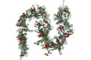 SHEPIN Christmas Garland 1.8 m Garland Christmas Pine Garland Artificial Like Real Green Pine Eucalyptus Red Berries Garland Fir Green Christmas Garland Stairs Outdoor Decoration