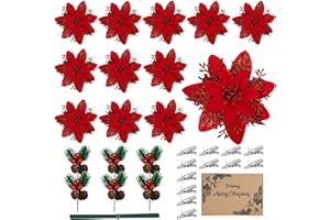 Woltoy Decoration Noel 18 Pièces Deco Noel Exterieur Interieur Maison Fleur de Noel, 12 Poinsettia Artificiel et 6 Branche de Sapin pour Decoration Sapin de Noël Guirlande Maison Fête (Rouge)