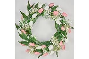 AVOECO Avoceo Artificial Wreath for Front Door - Year-Round Greenery, 21" Spring & Summer Decorative Faux Tulip Wreath with Flowers, Perfect for Farmhouse, Weddings, & Seasonal Décor (E Tulips)
