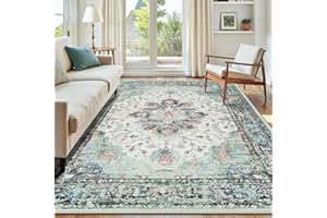 INOVADAY Machine Washable Rugs 150x210 cm Vintage Area Rug Low Pile Anti-Slip Carpet with Print Pattern for Living Room Bedroom Home Office Indoor Blue/Teal Green/Navy/Red