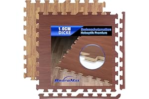 ‎BODENMAX BodenMax Bodenschutzmatte Sportmatte Puzzlematte Fitnessmatte rutschfest Bodenschutz | 58x58x1 cm | Dunkle Holzoptik und Helle Holzoptik | 6, 12, 24, 36,48 Teile