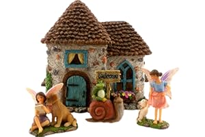 PRETMANNS Fairy Garden House Kit – Complete with Accessories for an Outdoor Miniature Garden, Figurines with a Frog and Snail Sign - House 15 cm High with Door that Opens – 4 Pieces