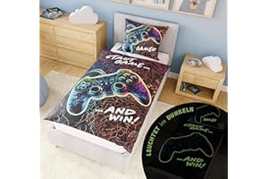 ‎CARPE SONNO Carpe Sonno Kinder Bettwäsche 135x200 Kinder [Leuchtet im Dunkeln] Gaming Motiv + 10 Spiele | 100% Baumwolle in Oeko-Tex 100 | Kinderbettwäsche Glow in The Dark | Gamer Bettwäsche Jungen 135x200