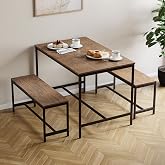Vida Designs Roslyn 4 Seater Dining Set | Dark Wood | 3 Piece Dining Room Complete Set | 75H x 110W x 70D cm | with 2 Benches