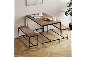 Vida Designs Roslyn 4 Seater Dining Table With 2 Benches, 3 Piece Set, Dining Room Furniture Solid Metal Frame (Dark Wood)