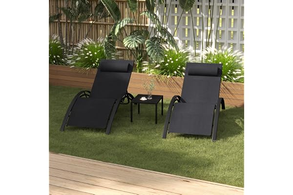 PURPLE LEAF Bain De Soleil Lot De 2 avec Table, Transat Jardin Extérieur, Ajustables et empilables, Coussin Amovible, Courbé Textilène Aluminium, Transat Piscine, Noir