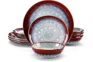 vancasso Starry Red Dinner Sets, Reactive Glaze Plates and Bowls Set, 12-Piece Crockery Set with 11in Dinner Plate, 8in Dessert Plate and 750ml Bowl, Service for 4