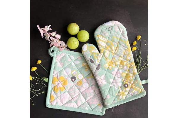Pixel Home Organic Cotton Flower Print Oven Mitt and Pot Holder (Green Flower GPH)
