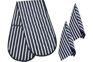 HouseGads Cotton and Polyester Oven Gloves Double and Kitchen Towels Set - Heat Resistant BBQ Cooking Gloves with Tea Towels for Baking and Holding Pots (Blue)
