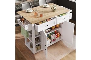 Oslghy Isla De Cocina, Carro de Cocina con Encimera de Madera Veteada Abatible, Mueble Auxiliar de Cocina con Ruedas, Armario de Cocina Almacenaje, Buffet con Cajone y Puerta, 147x40-65x90cm (Blanco)