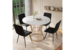 Merax Round Dining Table 100 * 100 * 75cm, Modern Marble Kitchen Table for 4 people with metal frame, for Home & Office, white/gold
