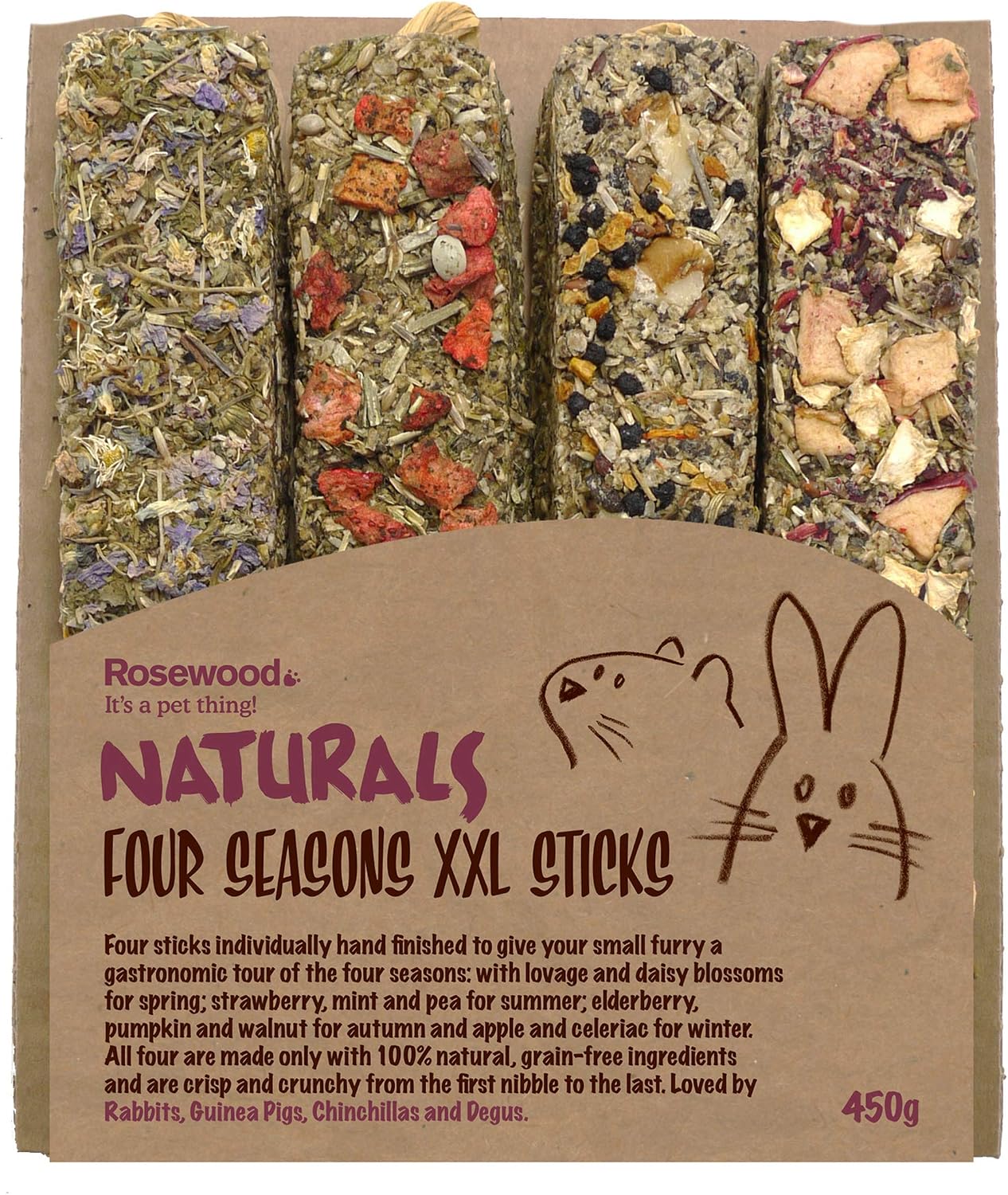 Rosewood Naturals Four Seasons XXL Sticks – Vegetable & Herb Small Animal Treats, Four Delicious Flavours for Rabbits, Guinea Pigs, Chinchillas & Degus (4 Sticks)