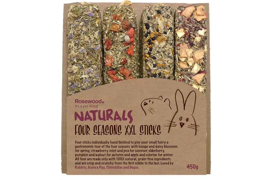 Rosewood Naturals Four Seasons XXL Sticks – Vegetable & Herb Small Animal Treats, Four Delicious Flavours for Rabbits, Guinea Pigs, Chinchillas & Degus (4 Sticks)