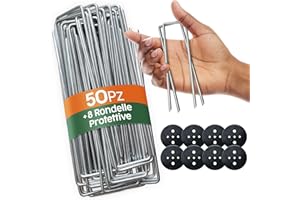 PORTENTUM Picchetti da Giardino 50 pz + 8 Rondelle – Picchetti Telo Pacciamatura, Picchetti Ancoraggio per Campeggio e Prato Sintetico, Resistenti in Acciaio Zincato