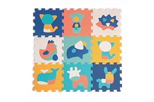 LUDI - Tapis Dalles Animaux - Puzzle Géant - 9 Dalles en Mousse - Dès 10 Mois - Éveil Bébé - Développe Le Bien-Être, Le Toucher, La Découverte & La Réflexion - 90 x 90 x 1,2 cm